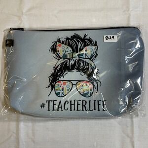 The Pouch Cosmetic Bag Women Small Blue NEW #TeacherLife Messy Bun Graphic
